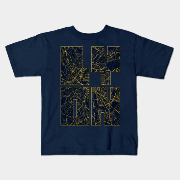 Lyon, France City Map Typography - Gold Art Deco Kids T-Shirt by deMAP Studio